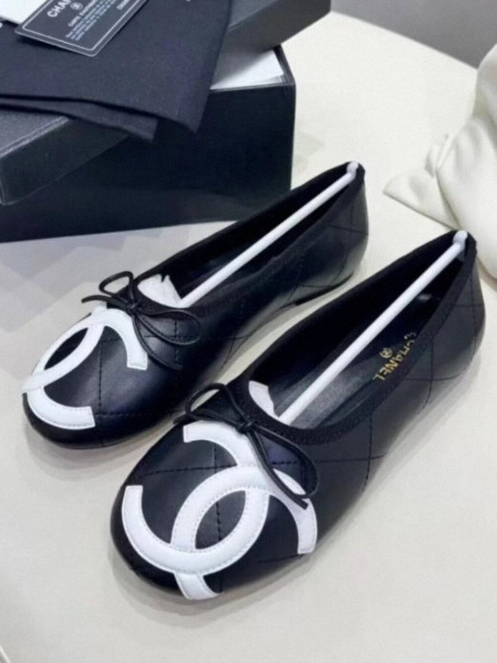 CHANEL Quilted CC Bow Ballet Flats – Black/White, with Box